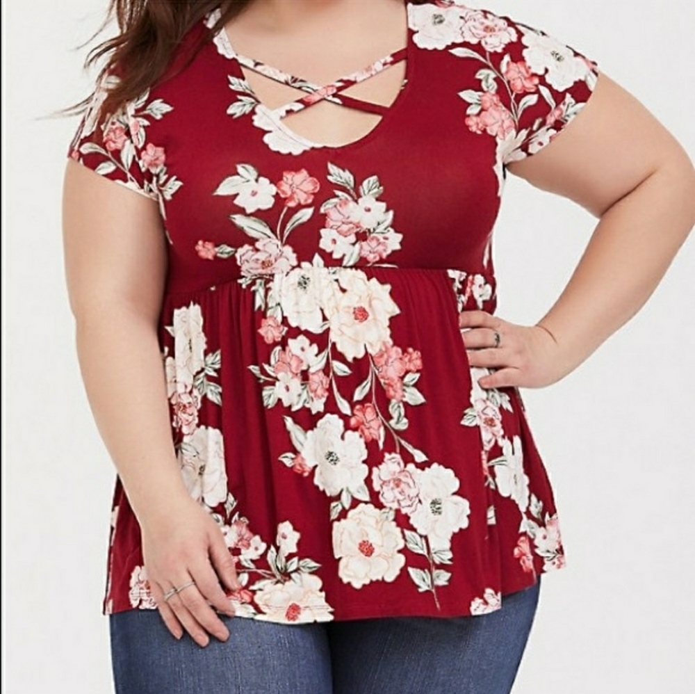 Torrid Red Floral Strappy Babydoll Blouse 3X